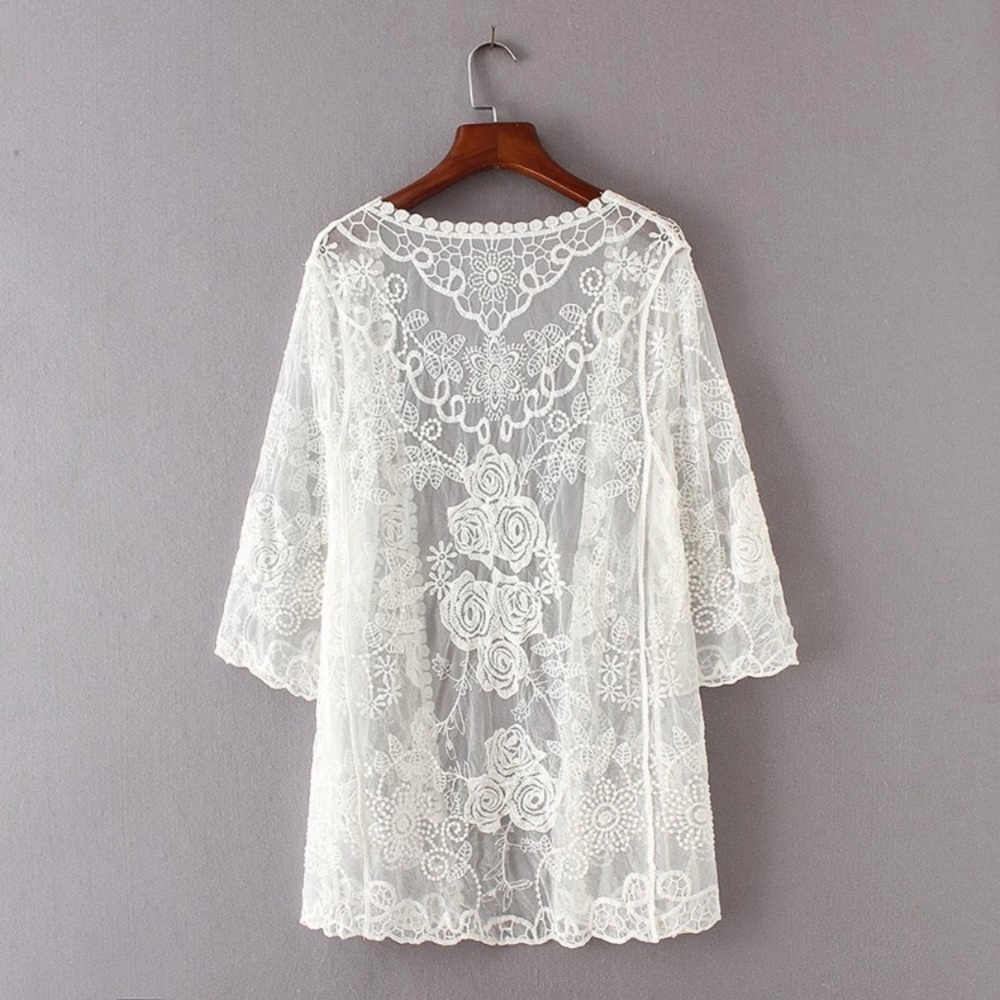 White embroidered lace detail open cardigan - Picture 2 of 8